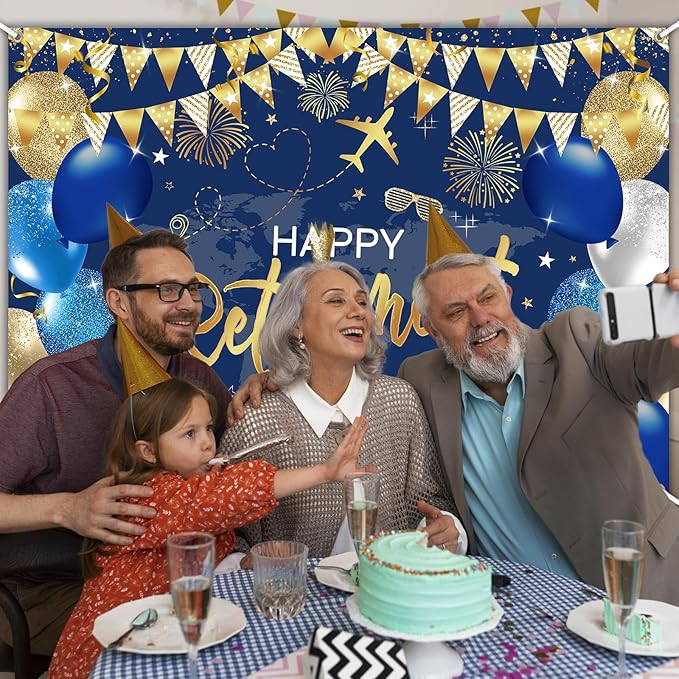 Mocsicka Retirement Party Decorations Blue and Gold Happy Retirement Backdrop Banner Retired Party Decorations Photo Booth Props (Blue Gold, 7x5ft)