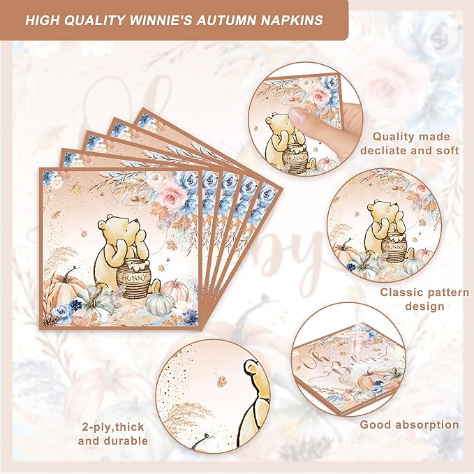 120PCS Fall Vintage Winnie Bear Party for Babyshower Supplies Classic Bohemia Bear Party Autumn Pumpkin Decorations Boho Neutral Winnie 1st Birthday Plates Napkin Cups Tableware Set for 20 Guests