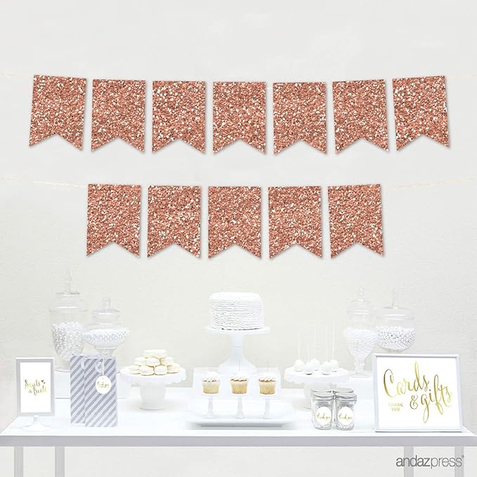 Andaz Press Hanging Pennant Banner with String, Faux Rose Gold Glitter, 1-Set, 24 Pennants, Approx. 12-Feet Long