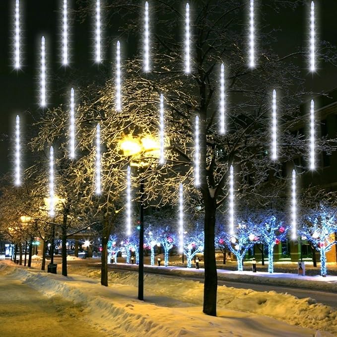 FUNPENY Meteor Shower Rain Lights, 288 LED Icicle Snow Falling Christmas Lights, Xmas Tree Holiday Decoration, White