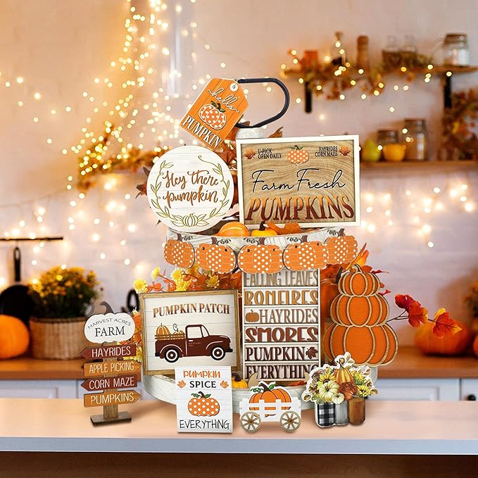 14 Pcs Thanksgiving Tiered Tray Decor Fall Thanksgiving Pumpkin Wooden Decorations Set Rustic Farmhouse Truck Spice Blocks Autumn Wooden Sign for Winter Halloween