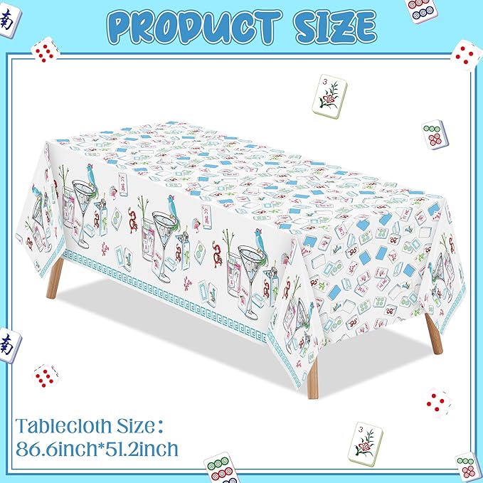 K1tpde Mahjong Party Tablecloth Decoration - 3PCS Cocktail Themed White and Blue Plastic Tablecloth, Disposable Cocktail Tablecover for Adult, Mahjong Party Supplies for Birthday Bachelorette Decor