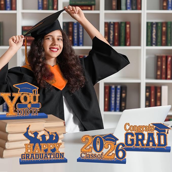4Pcs Graduation Decorations Class of 2026 Wood Table Centerpieces Congrats Grad Wooden Sign Graduation Table Toppers Congratulate Tiered Tray Decor for 2026 Graduation Party(Orange-Blue)