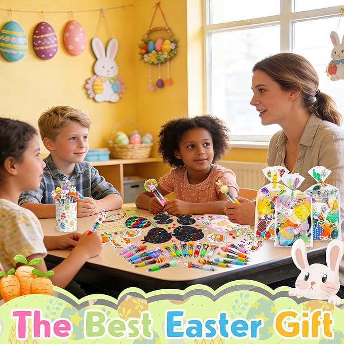 24 Pack Easter Party Favors Classroom Gifts Set with Classic Spring Designs for Teens, Easter Goodie Bags with Notebooks Pens Stickers Tattoos Scratch Art for Classroom Gifts Basket Stuffers
