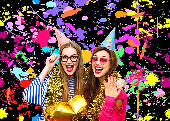 8X6FT Neon Glow Birthday Party Photography Backdrop Colorful Graffiti Splatter in The Dark Happy Birthday Background Retro Let's Dance Sleppover Party Decor Photo Booth Props CEM123C