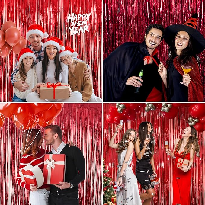 2 Pack Red Streamers Party Backdrop Foil Fringe Curtains Photo Booth Props for Birthday Christmas Wedding Carnival Casino Theme Birthday New Year Holiday Celebration Bachelorette Party Decorations