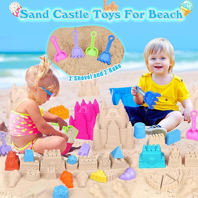 FUSPWEAO Beach Toys Sand Toys for Kids, Sand Castle Toys for Beach with 2 Castle Bucket and Mesh Bag, Sand Molds, Shovels and Rakes, Sandbox Toys for Toddlers, Travel Beach Toys for Kids 3-10