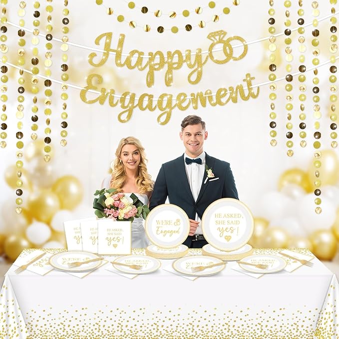 100PCS Engagement Party Decorations She Said Yes Paper Plates Napkins Wedding Tablecloth Glitter Happy Engagement Banner Golden Streamers Garland for Bachelorette Bridal Shower Supplies for 24 Guests