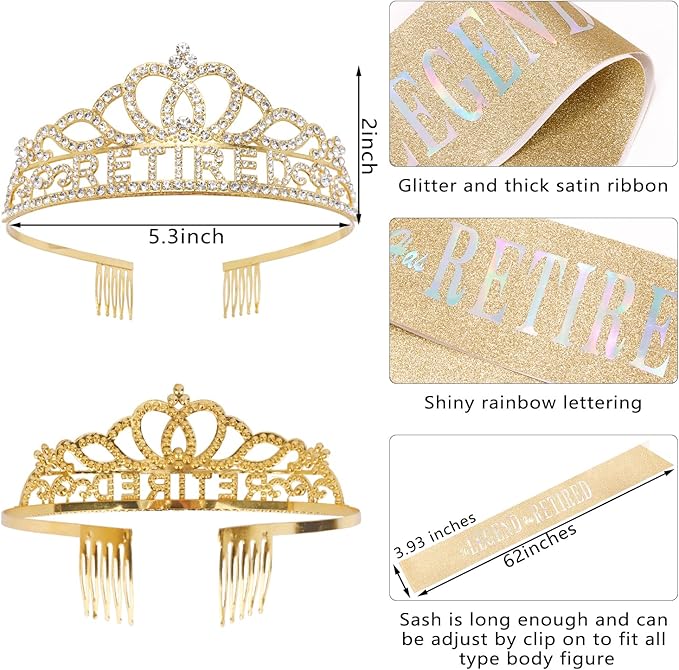 SuPoo Retirement Party Decorations Retired Sash for Women Gold Retired Tiara Crown Rhinestone Headband Retirement Gifts The Legend Has Retired Sash for Both Women and Men Party Supplies Favors
