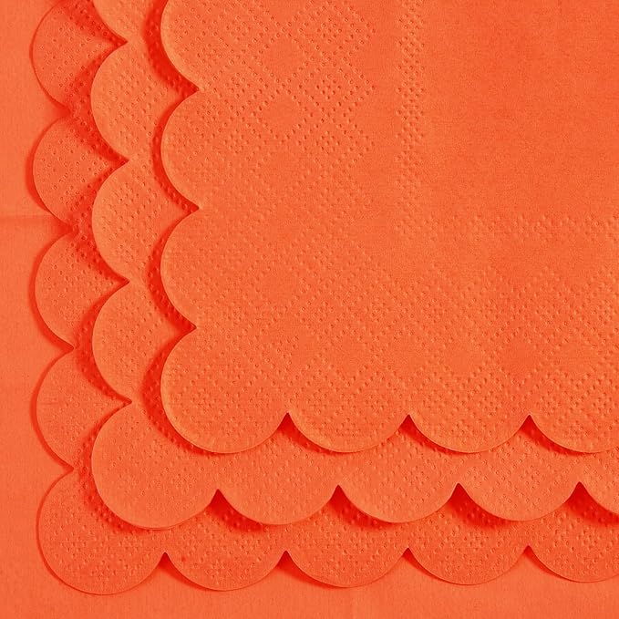 100 Pack Cocktail Napkin 2-Ply Scalloped Edged Dessert Napkins Folded 5 x 5 Inches Disposable Napkins for Dinner Wedding Birthday Party Bridal Anniversary Reception Event (Orange)