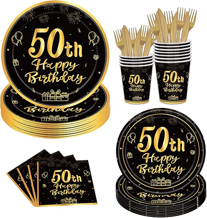 144PCS 50th Birthday Plates and Napkins Birthday Party Supplies 50th Birthday Party Decorations for Men Women Disposable Party Tableware Including Paper Plates Napkins Cups Forks Serve 24