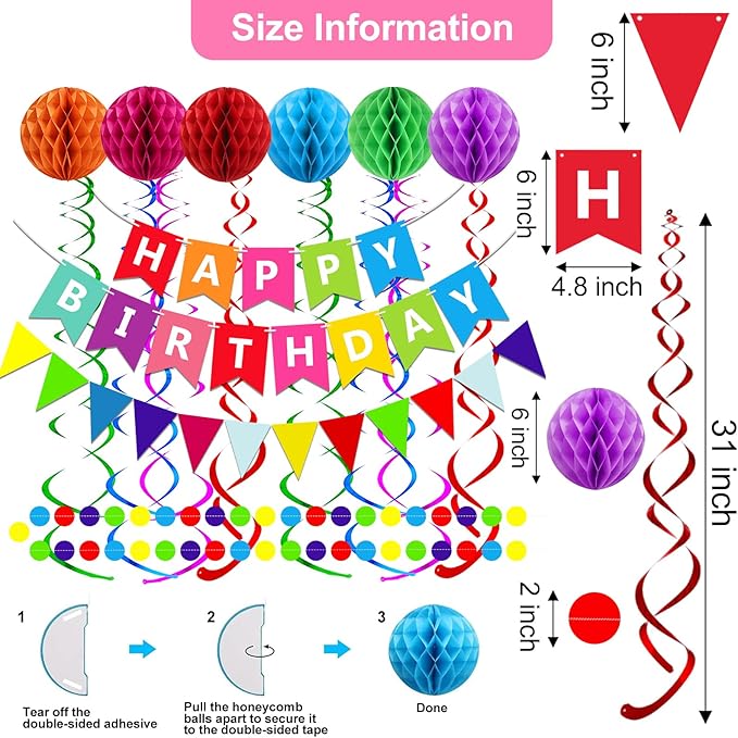 Fecedy Happy Birthday Banner With Colorful Paper Flag Bunting Paper Circle Confetti Garland Swirl Streamers Honeycomb ball for Birthday Party Decorations