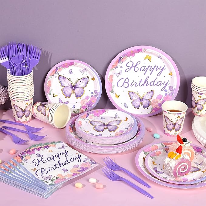 Kochorie 144 Pieces Butterfly Birthday Party Supplies Including Disposable Paper Plates Napkins Cups Forks Serves 24 for Baby Shower Girls Animal Butterfly-themed Party Decorations