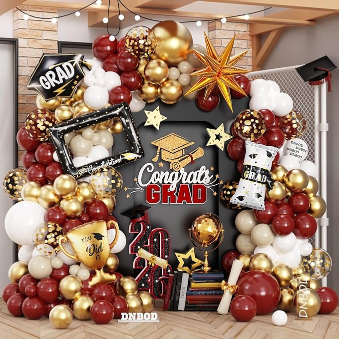 135Pcs Graduation Balloon Garland Arch Kit for Class of 2025 Graduates (Ruby Red, Gold, White)
