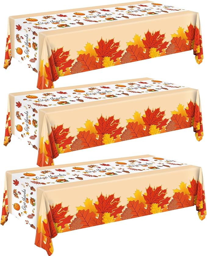 3pcs Thanksgiving Tablecloth, Thanksgiving Decorations Disposable Plastic Fall Tablecloth Maple Leaves Table Cover for Friendsgiving, Indoor and Outdoor 54 X 108 inch