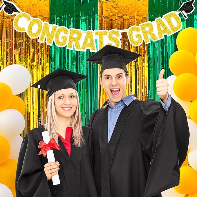 MYUPDALIN 2 Pack Green and Gold Graduation Decorations 2025 -Tinsel Foil Fringe Curtains Backdrop - High School College University Graduation Party Photo Booth Props Backdrop