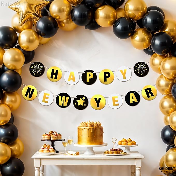 KatchOn, Shiny Happy New Year Banner 2026 - 10 Feet, Pre - Strung | Happy New Year Backdrop, Happy New Years Decorations 2026 | New Years Eve Banner, New Years Eve Party Supplies 2026 | NYE Decorations 2026