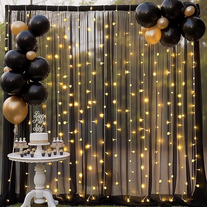 Black Backdrop Curtain - 10 * 8FT Tulle Backdrop Curtain with Lights String for Birthday Decorations - Sheer Backdrop Curtains for Weddings Baby Shower Celebration Happy Anniversary Decorations