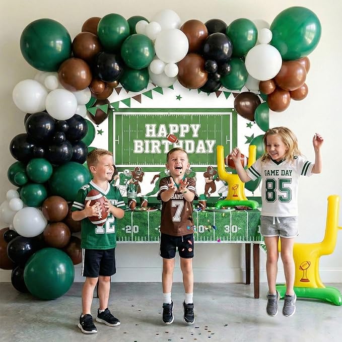 Football Balloon Garland Arch Kit dark green brown Balloons with backdrop Goal Post Mylar Balloons for Sports Birthday Boys first year touch down party decorations