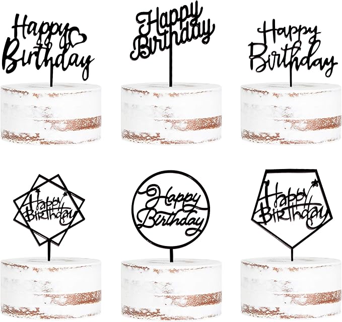 6-Pack Black Birthday Cake Topper Set, Double-Sided Shiny Black, Acrylic Happy Birthday Sign Cake Toppers/Cupcake Toppers, Party Decorations Supplies for Cool Guy.