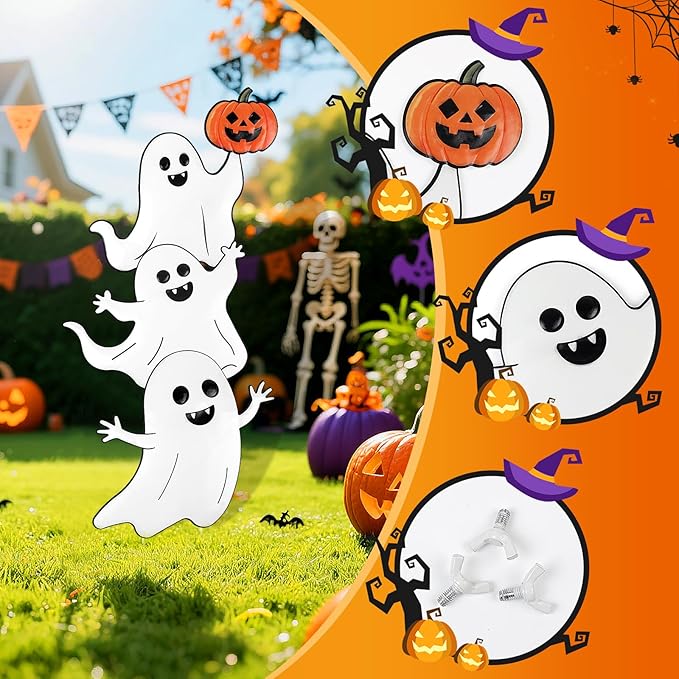 Halloween Ghost Yard Signs Metal Ghost Yard Sign with Pumpkin Halloween Metal Garden Stakes for Outdoor Garden Lawn Patio Pathway Horror Party Decorations