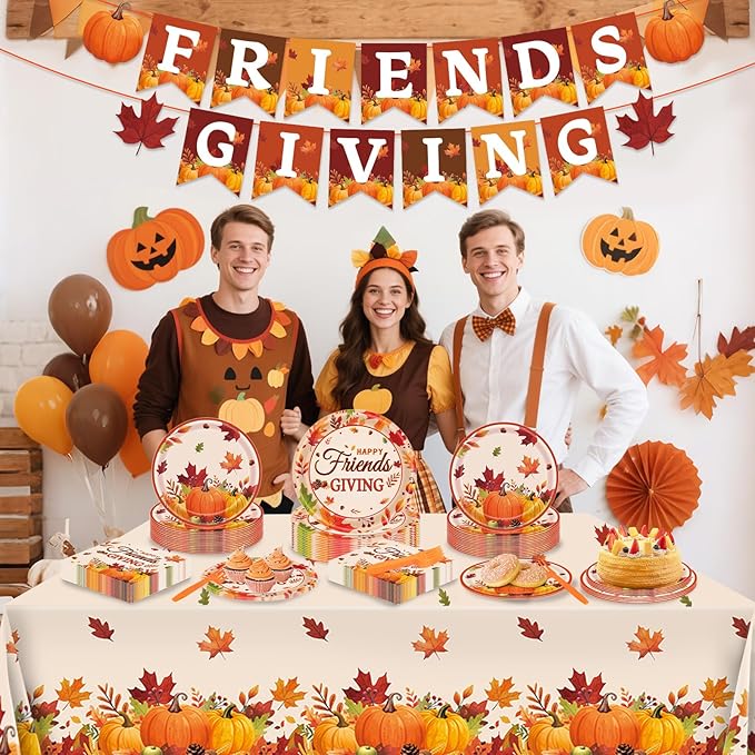 REDWORD Friendsgiving Plates, 98Pcs Friendsgiving Paper Plates-Serve 24 with Friends Giving Banner Fall Pumpkin Tablecloth Napkins for Fall Thanksgiving Friends giving Party Decorations