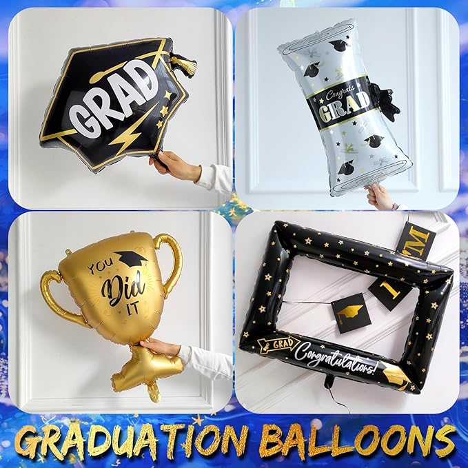 135Pcs Royal Blue Gold White Graduation Balloon Garland Arch Kit,with Explosion Star,Diploma,Trophy,Grad Hat,Photo Frame Foil Balloon for Class of 2025 Graduates Celebration Party Decoration