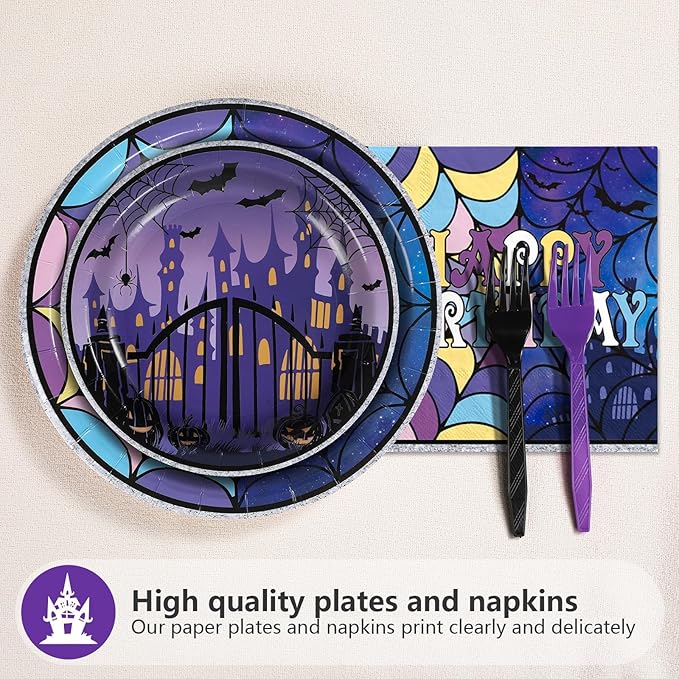 Grencian 96Pcs Purple and Black Birthday Party Decoration Gothic Spider Web Plates and Napkins Purple Black Theme Disposable Paper Tableware Set for Kids Boys Girls Birthday Party Supplies Serves 24