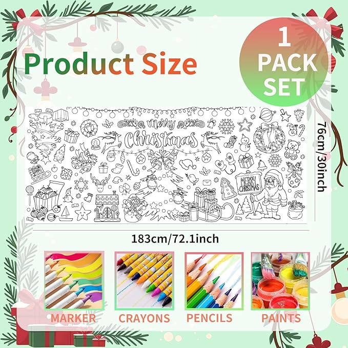 Christmas Crafts for Kids, Giant Coloring Poster/Tablecloth, 30 x 72 Inches Jumbo Versatile Banner, Party Favors for Family or Classroom, Holiday Xmas Party Decorations