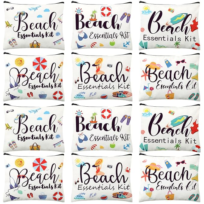 Chunful 12 Pcs Makeup Bag Summer Themes Cosmetic Bag Bulk Portable Essentials Kit Survival Kit Flamingo Palm Leaves Cosmetic Pouch with Zipper for Women Travel Accessories(Beach)