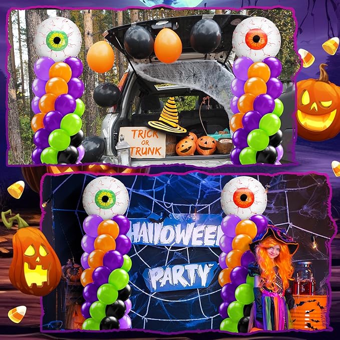 Kasyat 2 Set Halloween Eyeball Balloon Column Stand Kit with Red Green Eyeball Foil Balloon Orange Purple Green Black Arch Garland Kit for Spooky Birthday Party Halloween Theme Decoration
