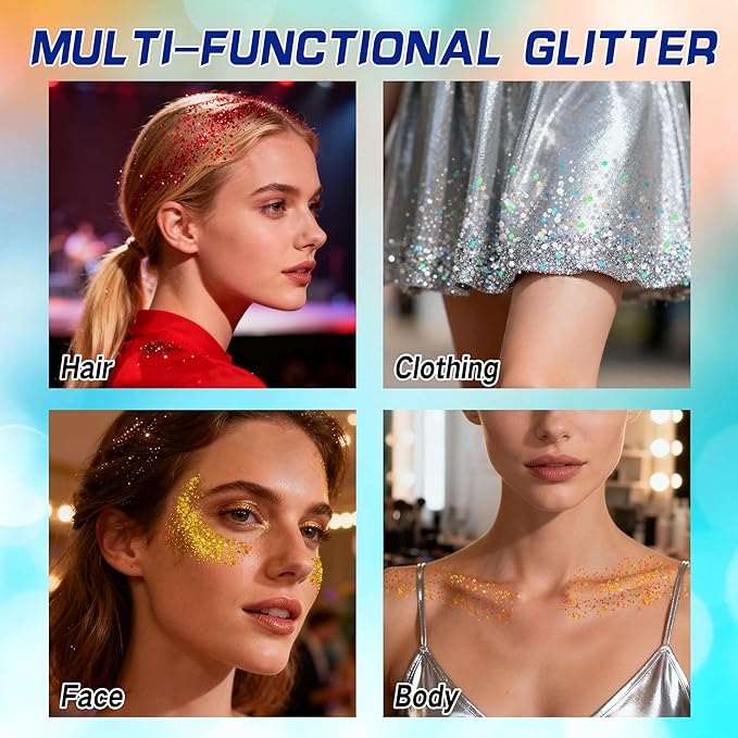 Gold Face Hair Glitter,Cheer Holographic Yellow Body Glitter,Rave Music Festival Singer Concert Gold Accessories,Mardi Gras Outfit for Women,Halloween Cosplay Shimmer Makeup