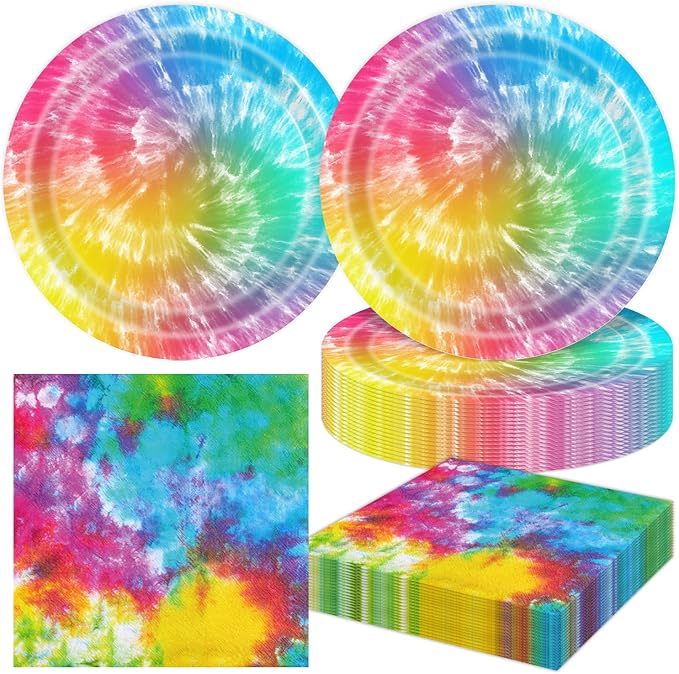 40Pcs Tie Dye Birthday Party Plates and Napkins for 20 Guests Tableware Supplies Colorful Tie Dye for Kids Baby Shower Birthday Party Decorations