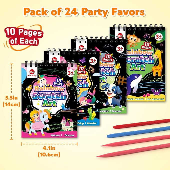 Mocoosy 24 Pack Scratch Art Party Favors for Kids Ages 4-8-12, Easter Basket Stuffers Bulk, Rainbow Scratch Notebook, Coloring Book Goodie Bag Stuffers Toddler Boy Girl Birthday Gifts Classroom Prizes
