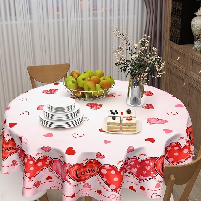 Valentine's Day Tablecloth Round 70 Inch Pink Love Hearts Table Cloth Farmhouse Valentines Table Cover for Kitchen Dinner Room Holiday Party Indoor Outdoor Home Valentine Decor