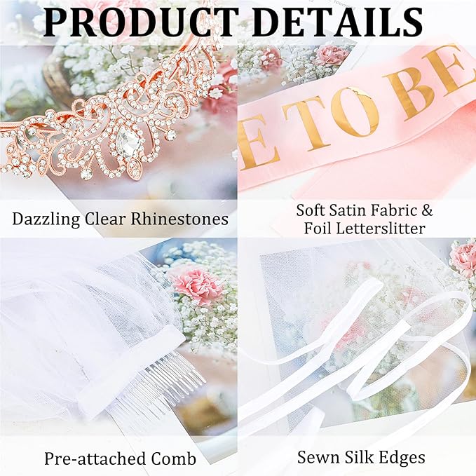 CIEHER Bachelorette Party Favors - White Veil, Bride to Be Sash & Crown for Bridal Shower Decoraions Wedding Party Gifts - Rose Gold Bridal Sash