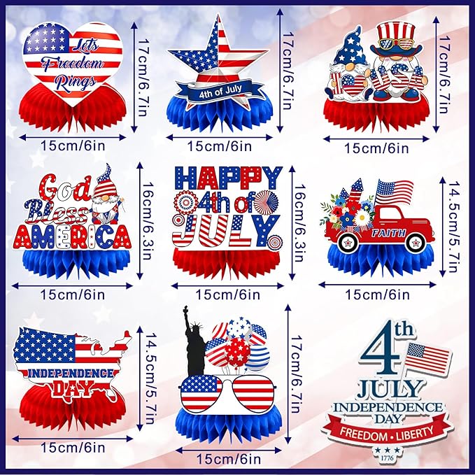 JULMELON 8PCS 4th of July Table Decorations Honeycomb Centerpieces, 3D Double Sided Fourth of July Centerpieces for Tables Patriotic Decor Independence Day Party Supplies
