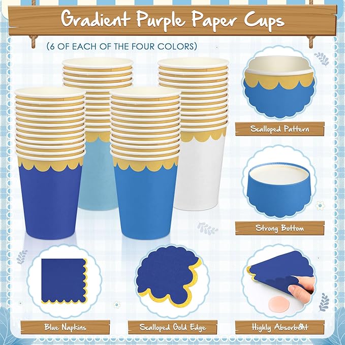 Mimorou 169 Pcs Blue Plates and Napkins Party Supplies for Guests Blue Tableware Include Scalloped Plates Paper Napkin Cup Spoon Fork Knife for Baby Shower, Wedding, Birthday