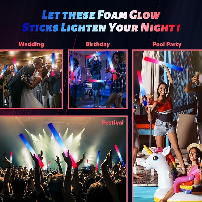 50Packs 3 Colors Foam Glow Sticks Red White Blue, Patriotic Events Parades, Party Decorations, Light up Glow in Dark Bulk Supplies For Party,Wedding,4th of July,Campaign Night