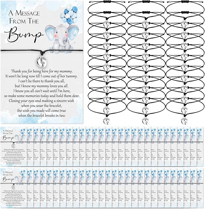 Thyle 50 Set Blue Elephant Baby Shower Favors for Guests Adjustable Bracelets with Message from the Bump Card Footprints Charm Baby Shower Bracelets for Gender Reveal Thank You Gifts
