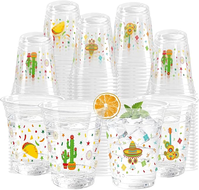 100 Pack Fiesta Plastic Cups 12 oz 2 Styles Mexican Cinco De Mayo Disposable Cups Mexican Party Favor Drinking Beverage Cup for Taco Birthday Hispanic Heritage Month Party Supplies
