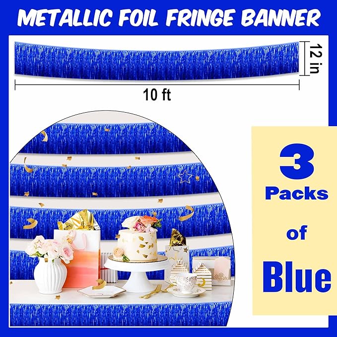 3 Pack 10 Ft Blue Foil Fringe Garland Metallic Streamers Tinsel Banner Wall Hanging Garland Backdrop for Parade Floats, Halloween, Christmas, Thanksgiving, New Year Party Decorations