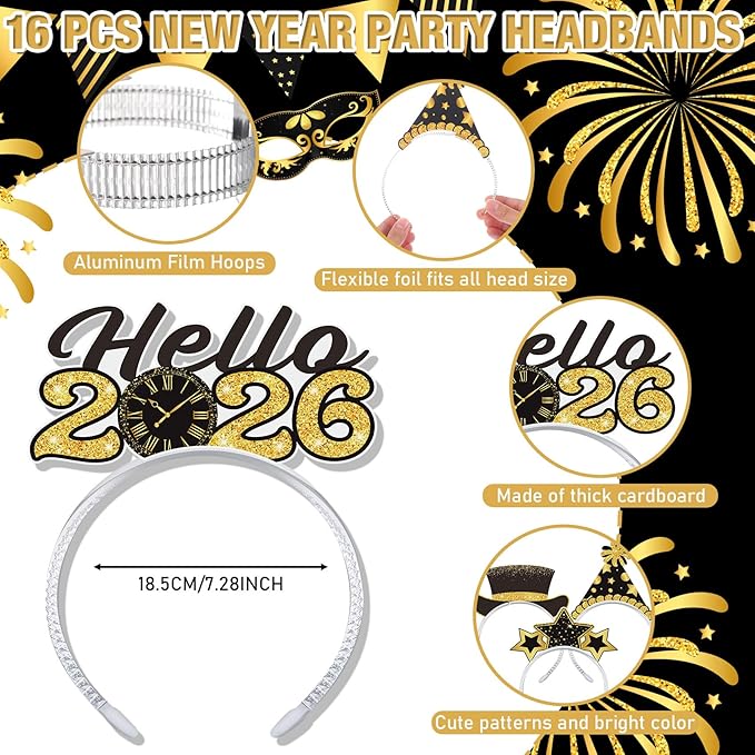 Pajean 32 Pcs New Year Eve Party Supplies 2026 Include 16 Paper Eyeglasses and 16 Paper Headbands Happy New Year Photo Booth Props for Black Gold 2026 Eve Party Decoration Favors Accessories