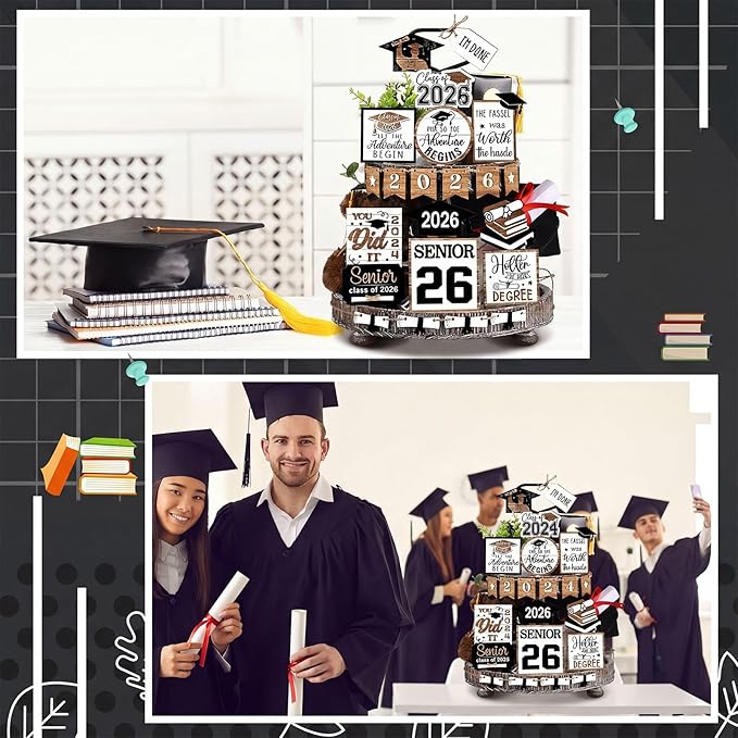 22 Pcs 2026 Graduation Tiered Tray Decor Sets Wooden Graduation Class of 2026 Table Decorations Senior 2026 Gown Diploma Farmhouse Signs for Home Shelf Party Office Desk(Black, White)