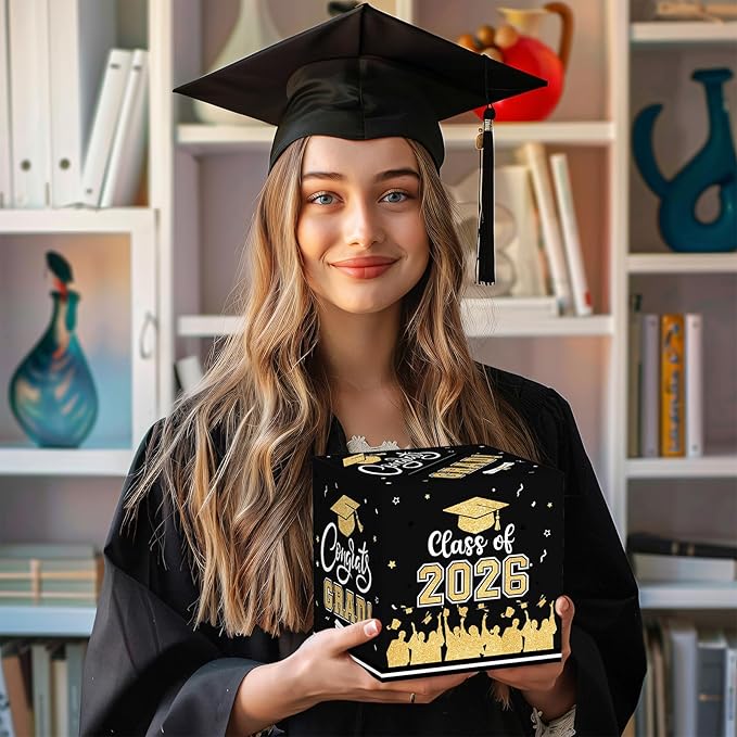 Graduation Card Box 2026 - Congrats Grad Card Boxes Holder, Black and Gold Class of 2026 Gift Cards Box for Graduation Decorations 2026 Favors Party Decor Supplies Props, 9x 9 x 9 inches
