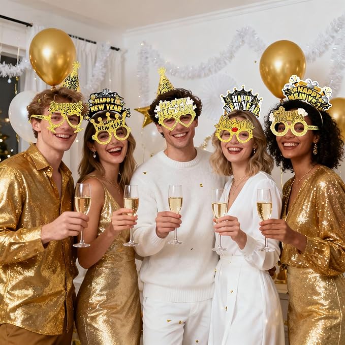 HOWAF New Years Eve Party Supplies 2026, Happy New Years Party Favors Headband Cone Hats Glitter Paper Eyeglasses Noise Makers Laser Gold New Year Decorations 2026 for NYE Favor Accessories 36pcs