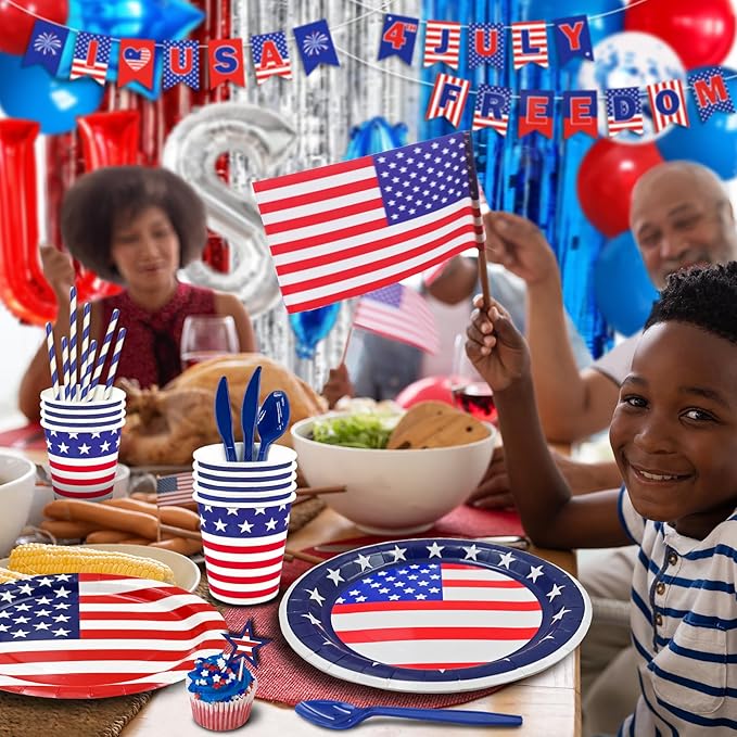 Party Spot! 272 pcs 4th of July Birthday Party decorations,16 Tableware Sets,“USA” Balloons, Paper Plates, Patriotic Party Decorations, Independence Day Party Decoration, Tablecloth, Flag