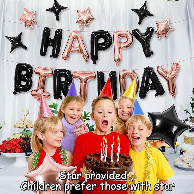 Happy Birthday Banner with 3D Mylar Foil Letter Balloons & 8pcs Star Balloons - Birthday Party Decorations for Kids, Boys, Men & Adults - Black & Rose Gold
