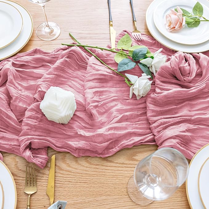 Wokceer Pink Cheesecloth Table Runner Valentine's Day 2Pack 10FT Boho Gauze Cheese Cloth Table Runner for Party Long Rustic Easter Sheer Runners for Baby Bridal Shower Wedding Decor