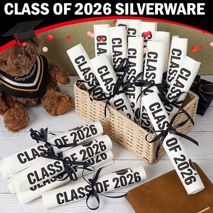 100 Set Graduation Class of 2026 Guest Napkins Black Rolled Silverware Disposable Grad Award Dinner Napkin with Ribbon and Scissors for Celebration